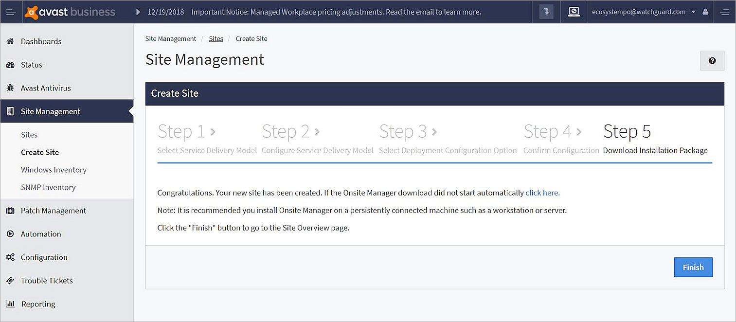 Screenshot of AVG Business Site Management, Typical Deployment, Create Site Step 5 dialog box